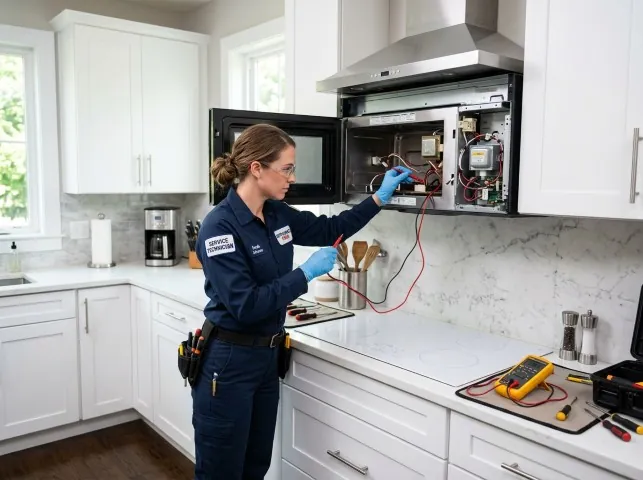 Appliance Repair Hero technician testing an over-the-range microwave in a Arlington, VA kitchen