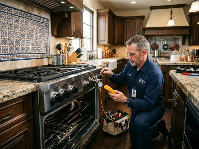 A technician checking a gas range and oven during a kitchen service call